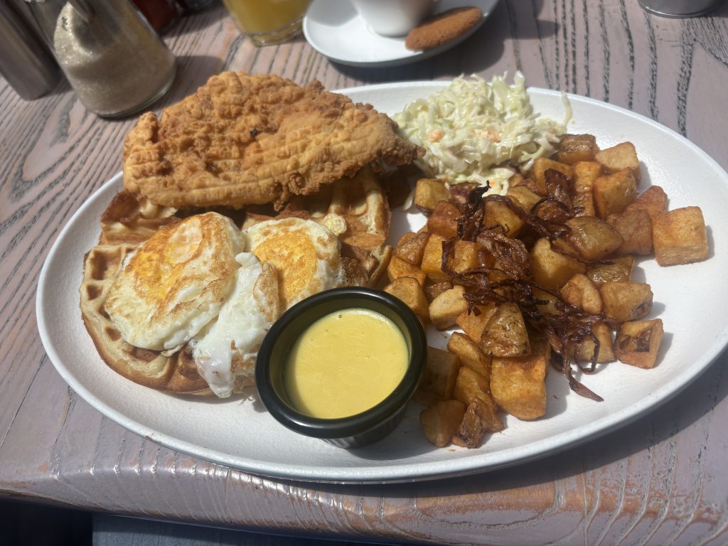 Chicken and waffles at cjs