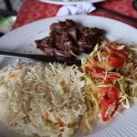 rice, steak and salad