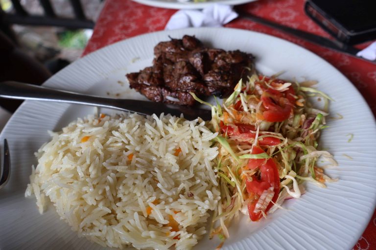 rice, steak and salad
