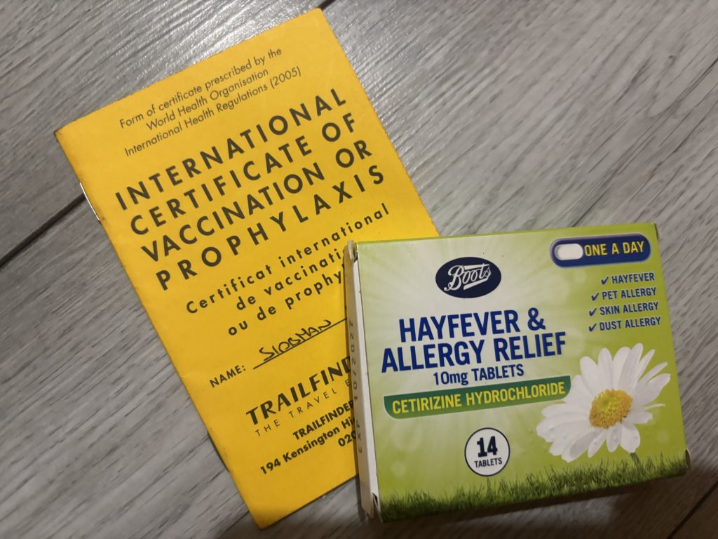 YELLOW FEVER CERTIFICATE AND HAYFEVER TABLETS