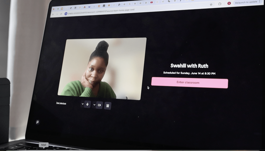 A Photo of a lady on a computer screen waiting for her language lesson to start with Preply.